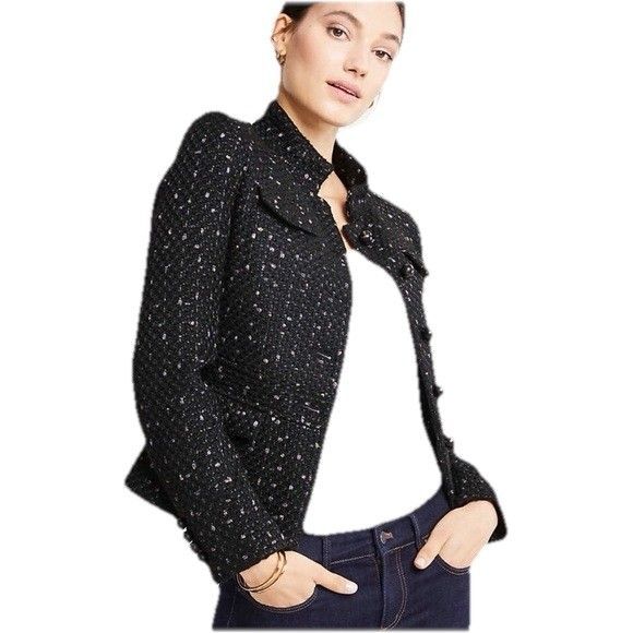 Ann Taylor Tweed Military Jacket Blazer Size 14 Black Button Up Mock Neck Career - Picture 1 of 11